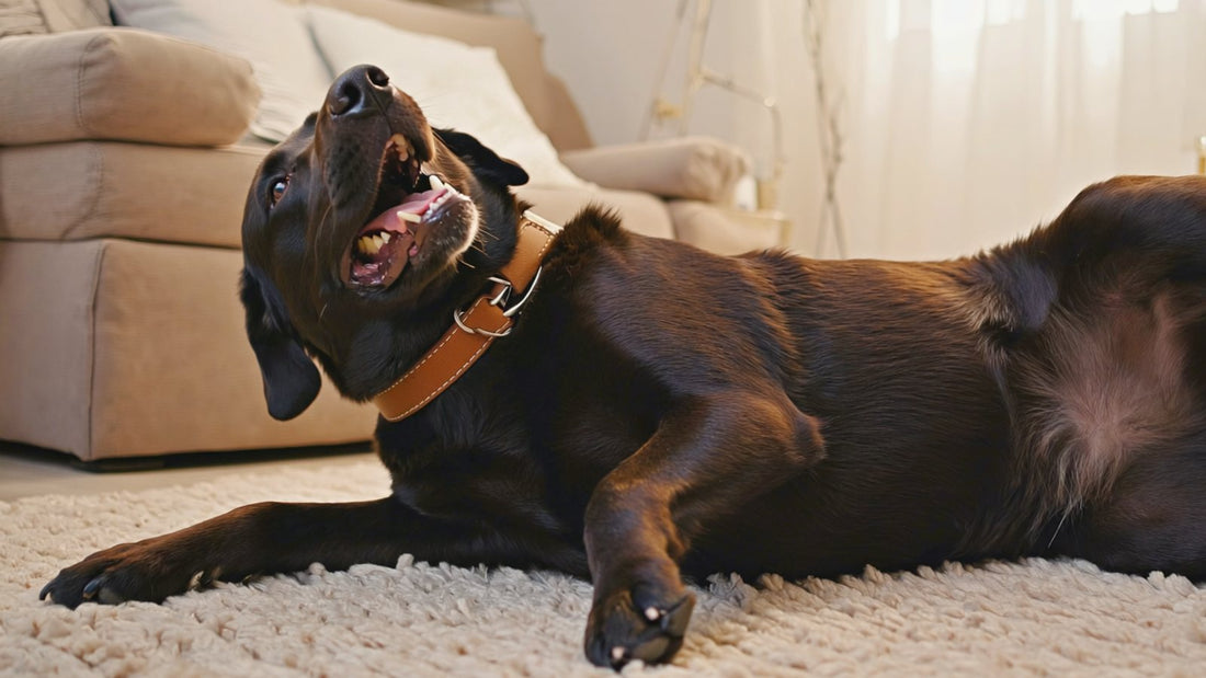 Happy black labrador lying on its back on a rug for a belly rub