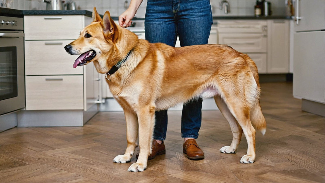 Golden dog leaning against a person's legs in a kitchen