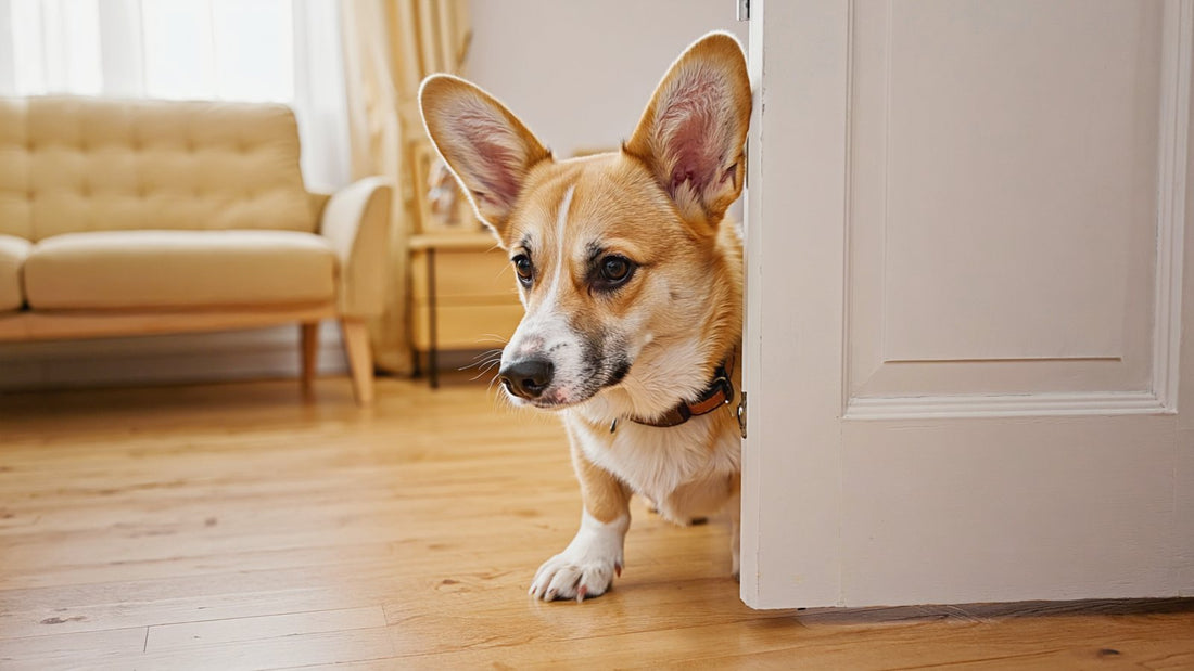 Wary corgi peeking around a doorway