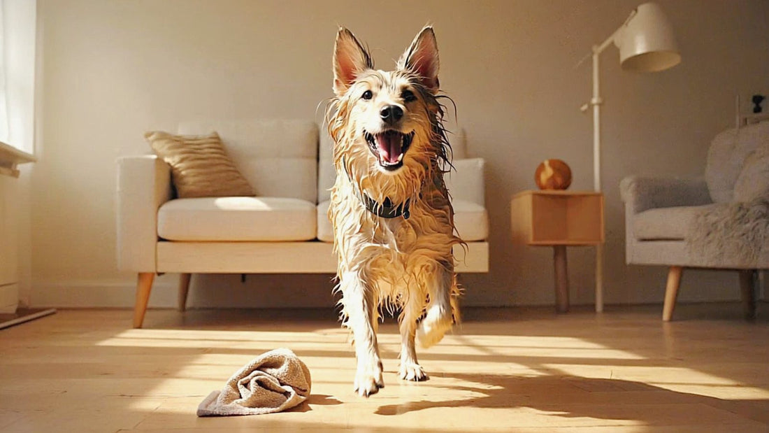 Damp, happy dog running through a living room after a bath
