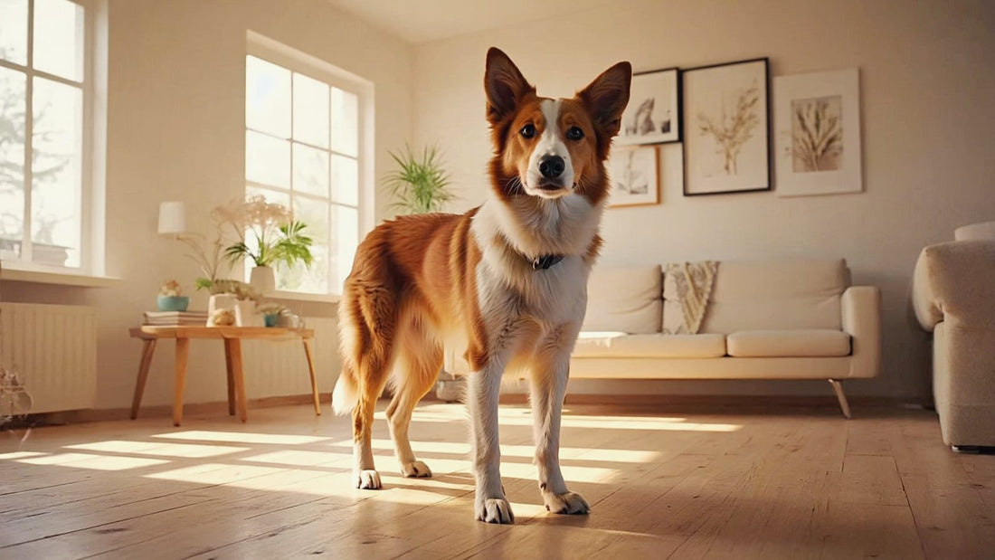 Border collie standing in a sunny living room with a relaxed tail