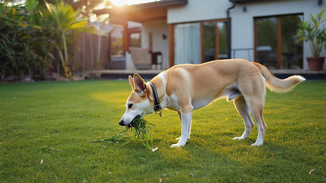 Dog chewing grass on a backyard lawn