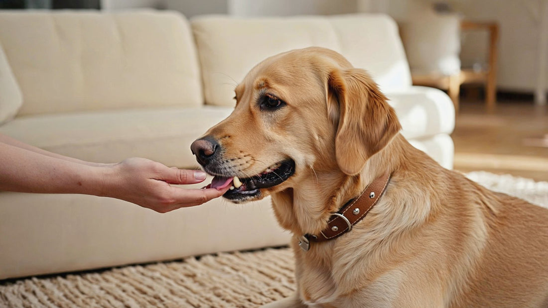 Golden retriever gently licking a person's hand